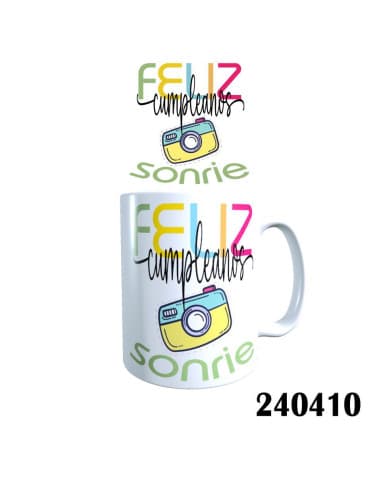 Taza frase feliz cumpleaños sonrie