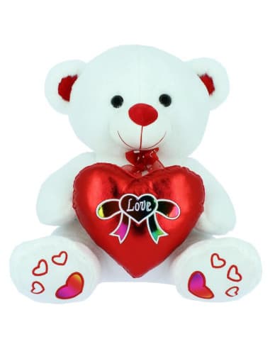 OSO blanco corazon brillo lazo 42CM