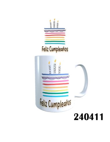 Taza frase feliz cumpleaños tarta arcoiris