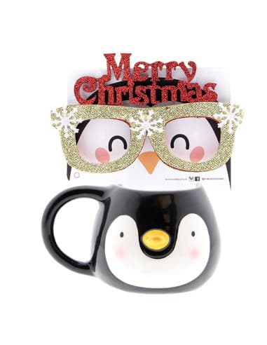 Taza CON forma DE pingüino 350ML + gafas DE navida