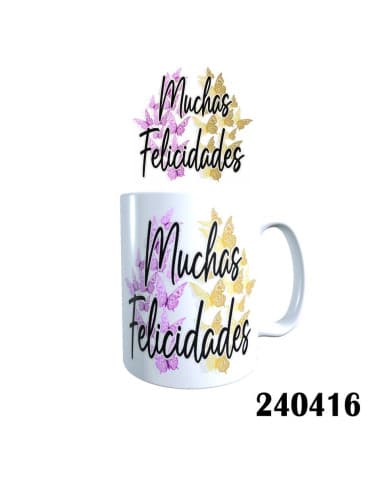 Taza frase muchas felicidades mariposas