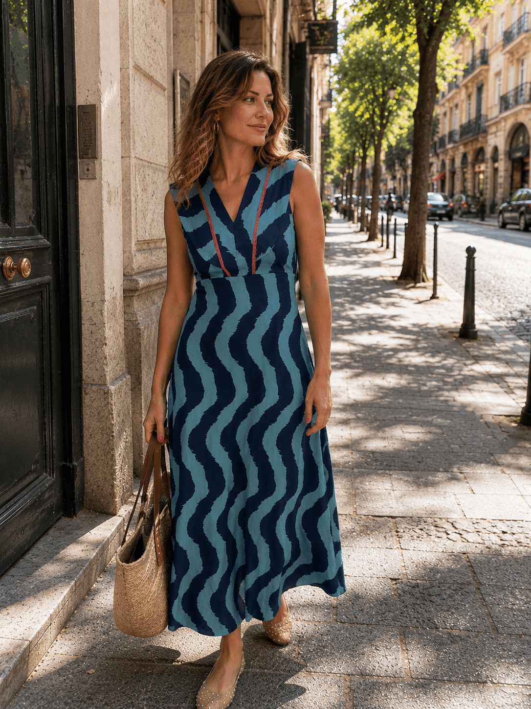 Vestido onda y volante en hombros