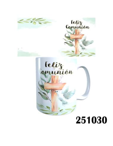 Taza frase feliz comunion cruz Y paloma