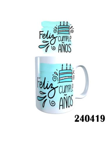 Taza frase tarta feliz cumple años azul