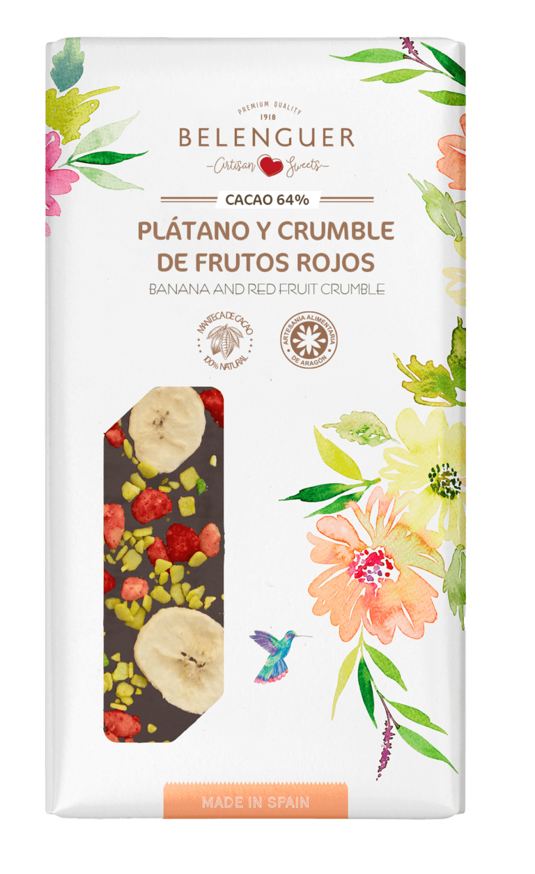 Chocolate negro 64% Plátano y Crumble de frutos rojos 105 gramos Belenguer