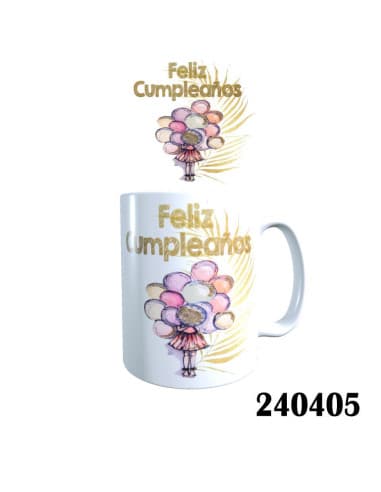 Taza frase feliz cumple niña globos