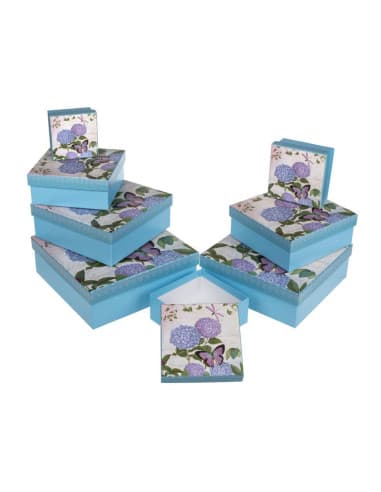 Cajas de regalo azul claro con mariposas y flores,
