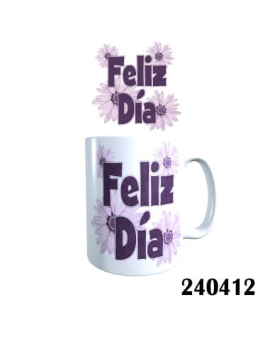 Taza frase feliz DIA margarita violeta