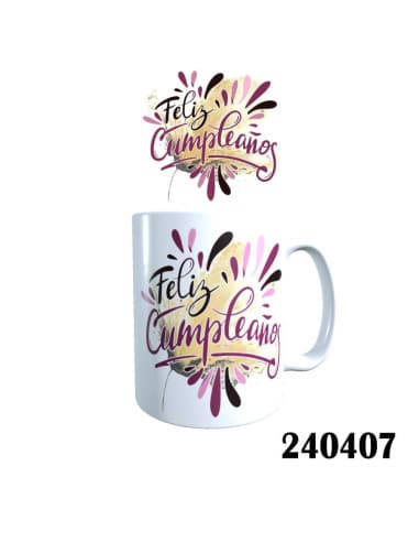 Taza frase feliz cumpleaños flor dorada