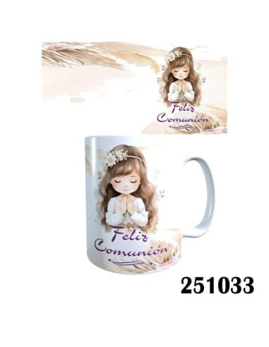 Taza frase feliz comunion niña morena