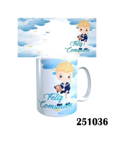 Taza frase feliz comunion niño rubio