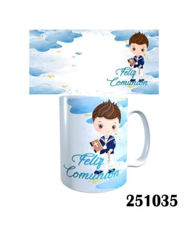 Taza frase feliz comunion niño moreno