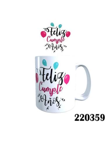 Taza frase taza feliz cumple-años globos