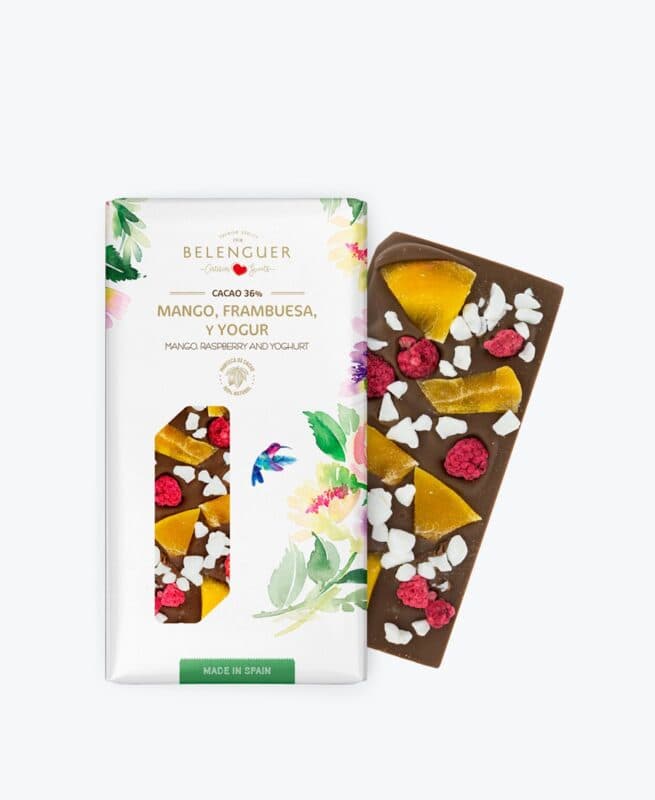 Chocolate con leche, mango, frambuesa y yogur 120 gr Belenguer