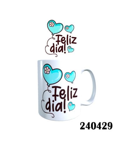 Taza frase feliz DIA corazones azul