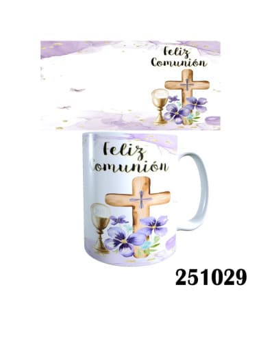 Taza frase feliz comunion cruz caliz