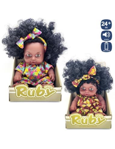 Muñeca negrita CON 12 sonidos 25 CM