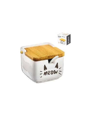 Azucarero ceramica tapa bambu 10x10 cm gatos