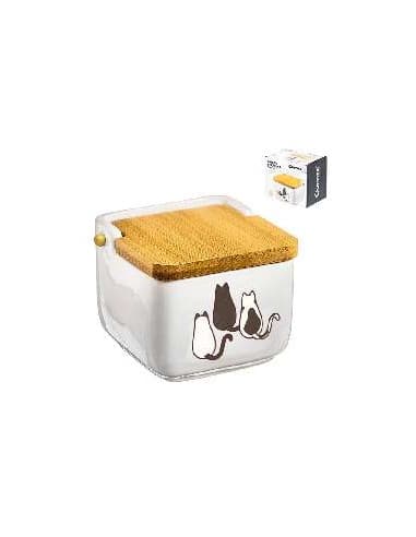Salero ceramica tapa bambu 10x10 cm gatos