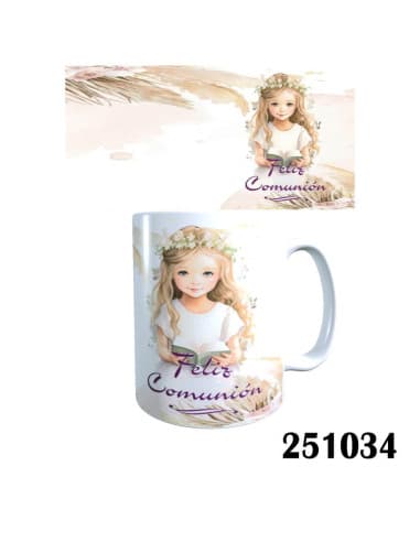 Taza frase feliz comunion niña rubia